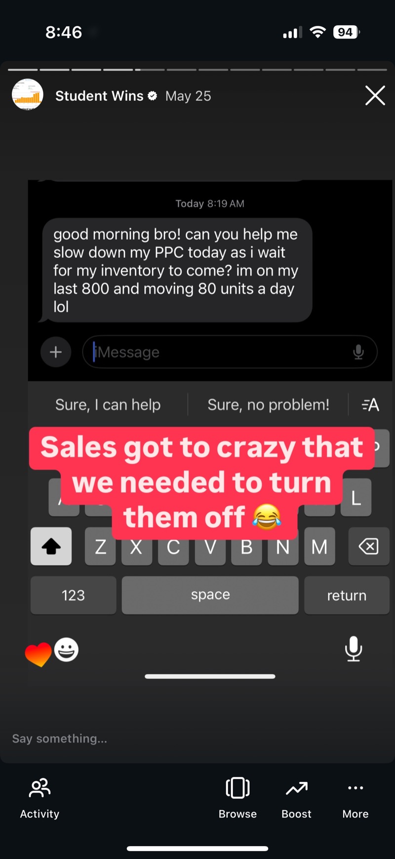 Text message from a student on their last 800 units and moving 80 units a day.