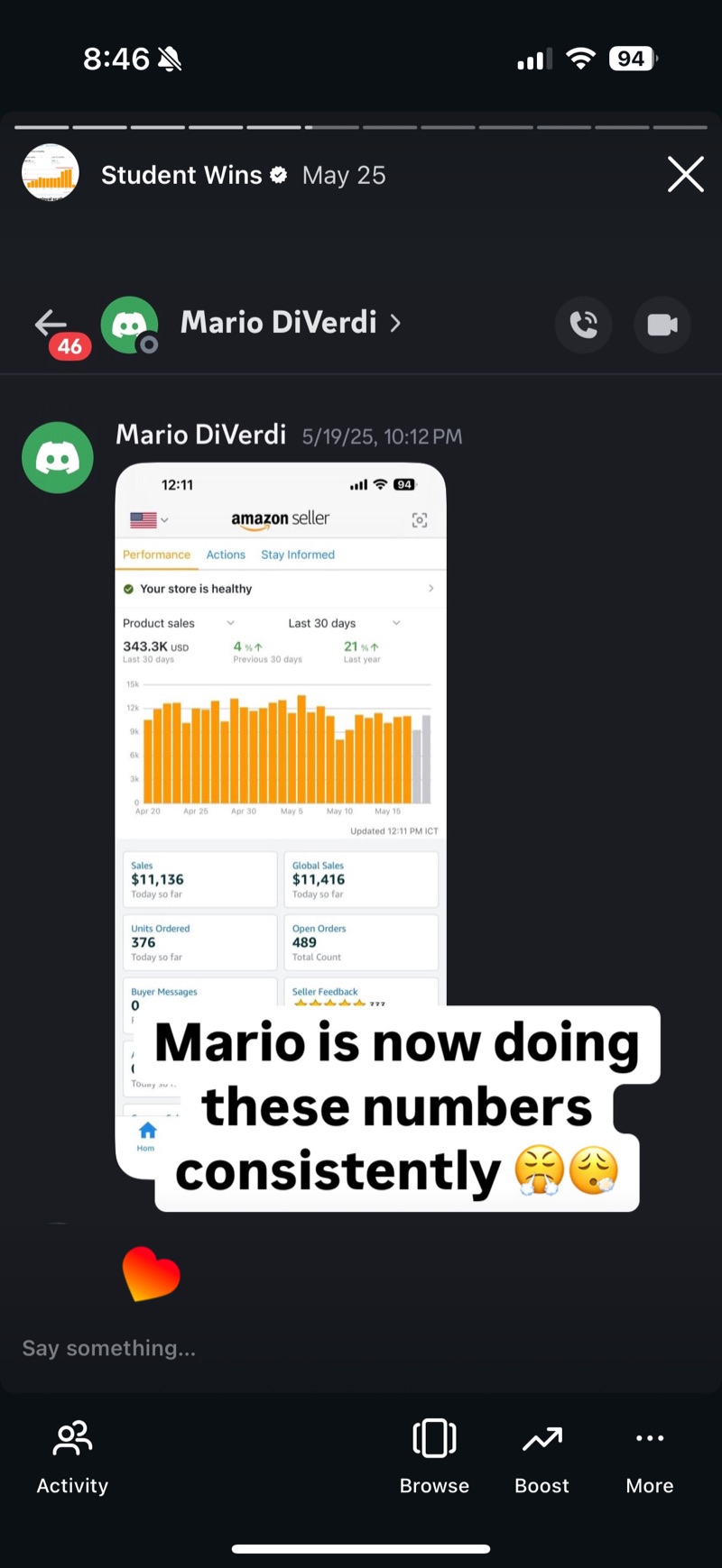 Student Wins post showing 343.3K USD over the last 30 days and 376 units ordered.